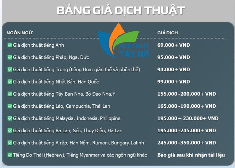 Bảng báo giá dịch thuật công chứng Sổ hộ khẩu tại Trà Vinh theo ngôn ngữ - THTRANS